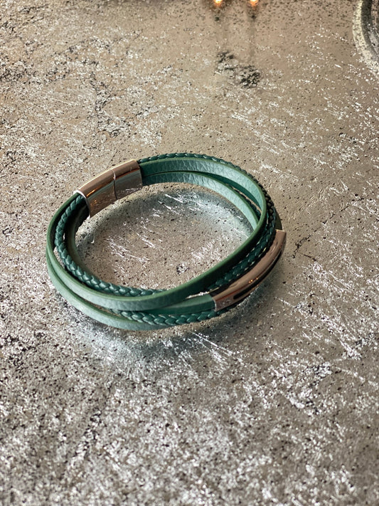 BRADED LEATHER LAYERED BRACELET - FOREST GREEN - Gray