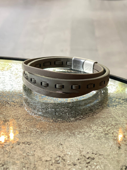 LEATHER HAND STITCHED LAYERED BRACELET - Gray